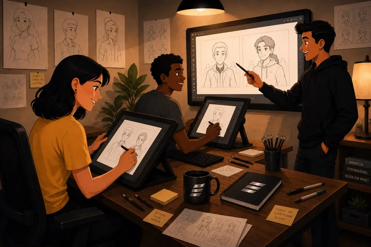 Edrose animation team collaborating in a creative studio