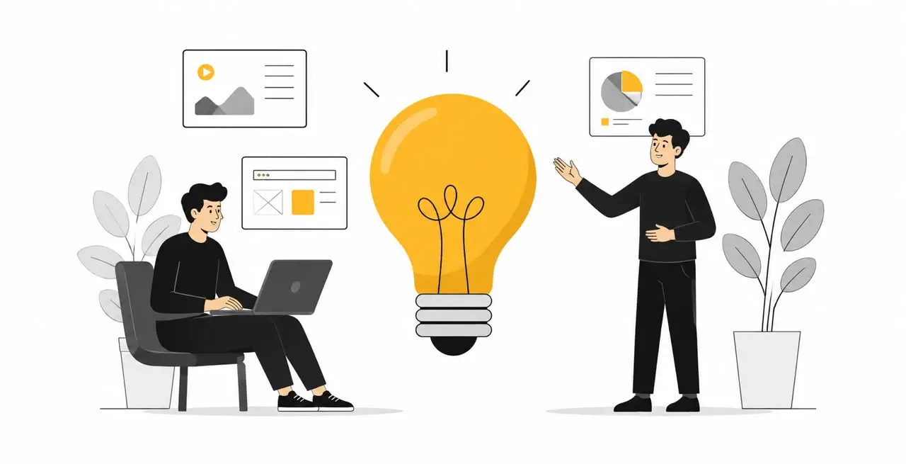 Creative team developing an animation idea around a light bulb