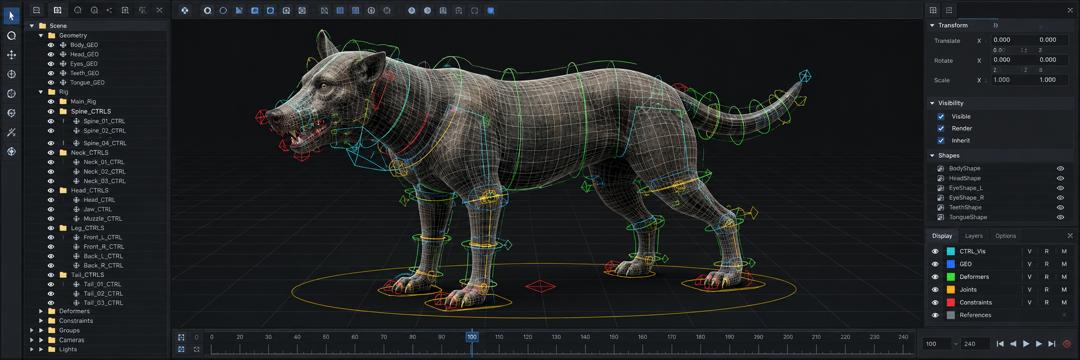 Character rig inside a production rigging interface