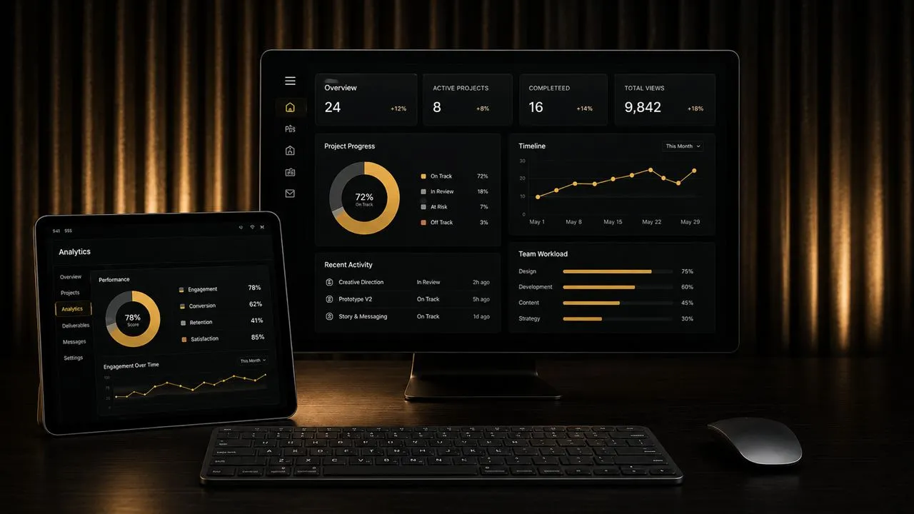 Product dashboard displayed across desktop and mobile screens