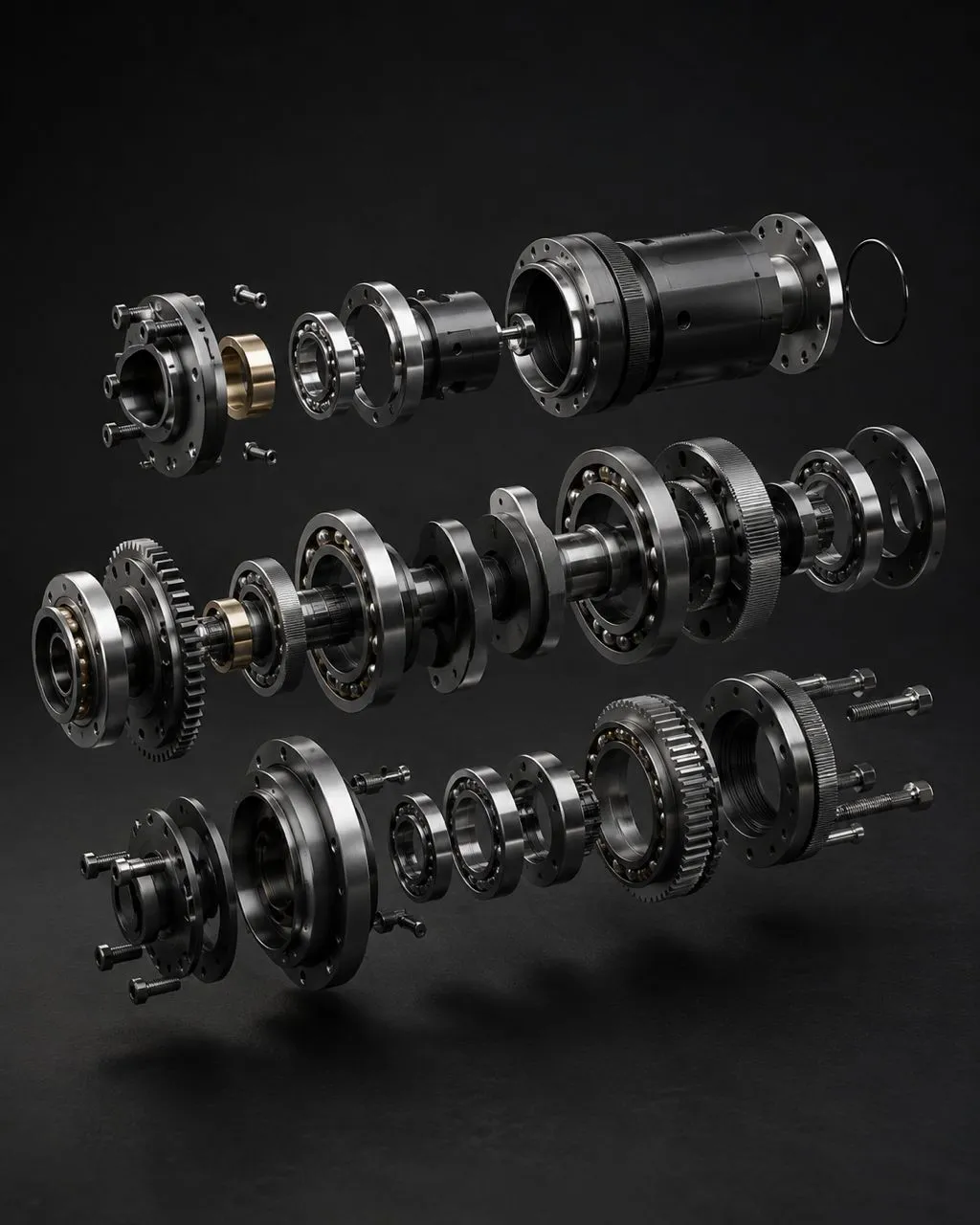 Exploded technical render of an industrial component